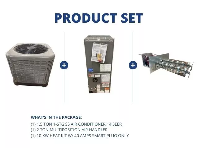 1.5 Ton 1-Stg SS AC 14.3 SEER2, 2 Ton Multiposition Air Handler with 10Kw Heat, 40A Smart Plug Only