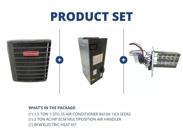 1.5 Ton 1-Stg SS AC R410A 14.3 SEER2, 2 Ton AC/HP ECM Multiposition Air Handler and 8kW Heat Kit