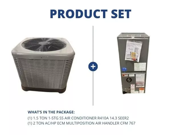 1.5 Ton 1-Stg SS Air Conditioner R-410A 14.3 SEER2 with 2 Ton AC/HP ECM Multi Air Handler CFM 767
