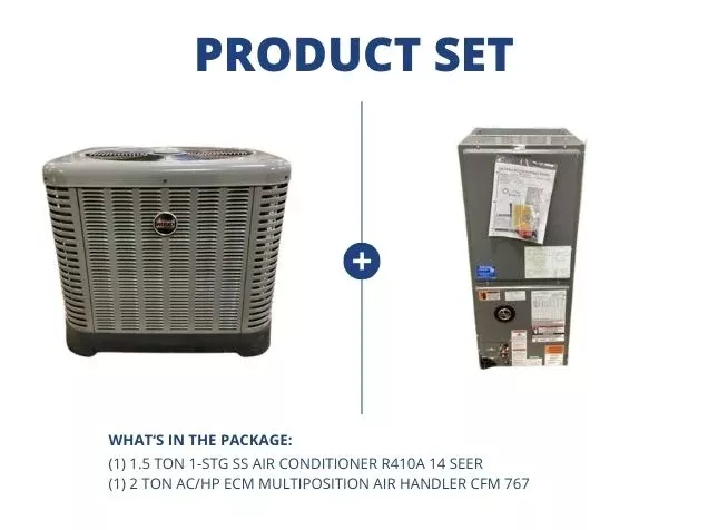 1.5 Ton 1-Stg SS Air Conditioner R410A 14 SEER and 2 Ton AC/HP ECM Multiposition Air Handler CFM 767