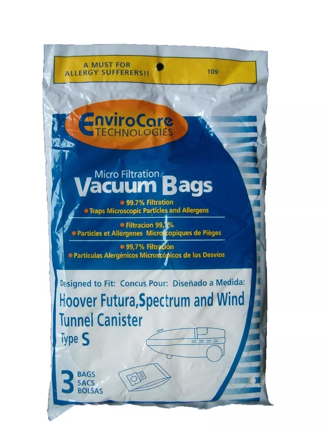 1 X Hoover Type S Envirocare Brand Allergen Microlined Vacuum Bags - 9 in a pack