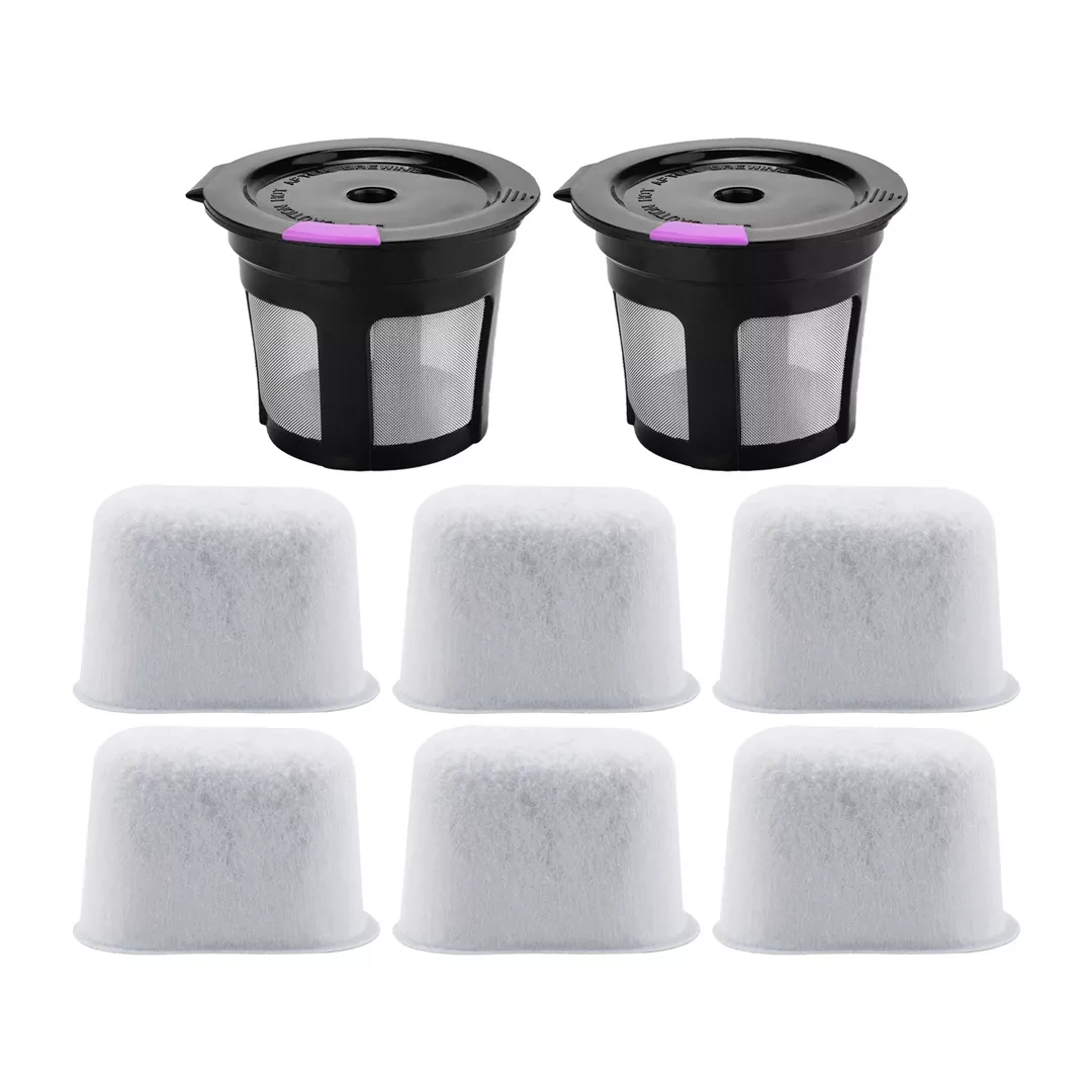 2 Pack Reusable K-Cup Coffee Filter and 6 Pack Charcoal Water Filter Replacement Part Compatible with Keurig 1.0 and 2.0 Series