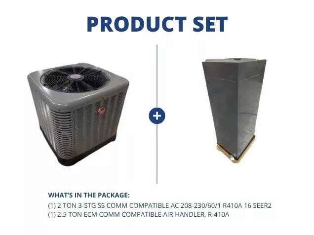 2 Ton 3-Stg SS Comm Compatible AC 16 SEER2 with 2.5 Ton ECM Comm Compatible Air Handler, R-410A