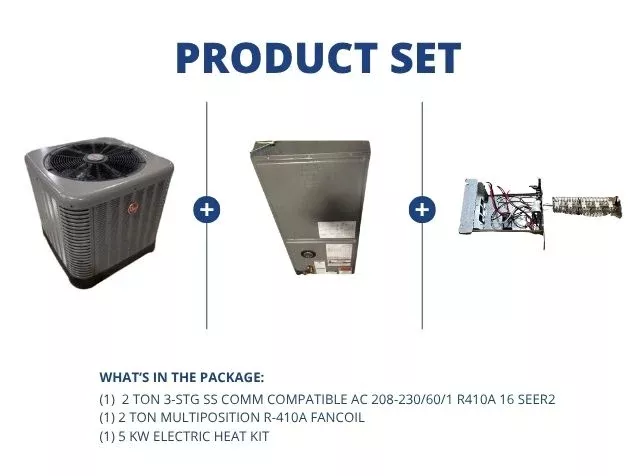 2 Ton SS Comm Compatible AC 16 SEER2, 2 Ton Multiposition R-410A Fancoil with 5 kW Electric Heat Kit