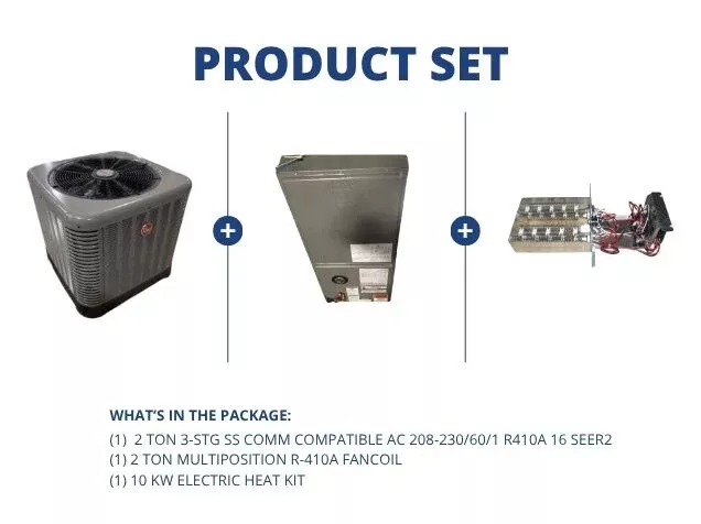 2 Ton SS Comm Compatible AC 16 SEER2, 2 Ton Multiposition R410A Fancoil with 10 kW Electric Heat Kit