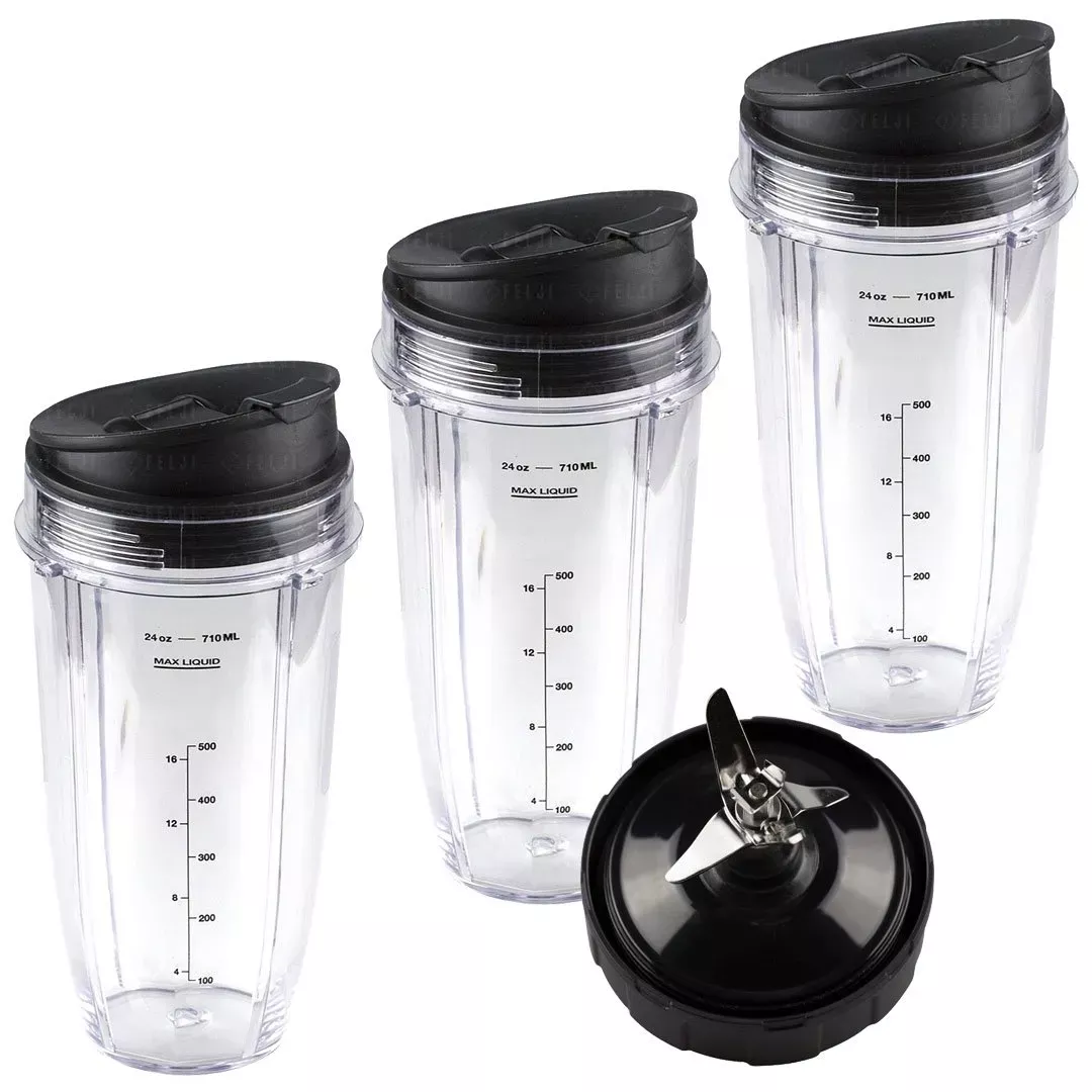 3 Nutri Ninja 24 oz Cups with Sip & Seal Lids and 1 Extractor Blade Replacement Combo 483KKU486 408KKU641 409KKU641