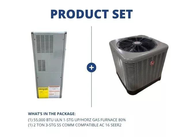 55,000 BTU ULN 1-Stg Up/Horz Gas Furnace 80% with 2 Ton 3-Stg SS Comm Compatible AC R410A 16 SEER2