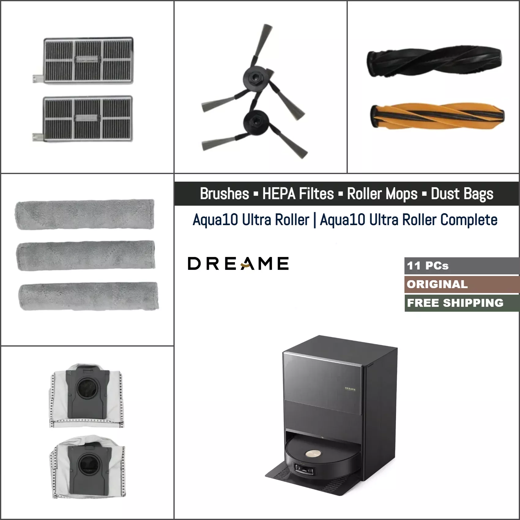 Dreame Aqua10 Ultra Roller, Aqua10 Ultra Roller Complete | Original Consumable Parts & Accessories: Brushes, Mops, HEPA Filters, Dust Bags (Kit)